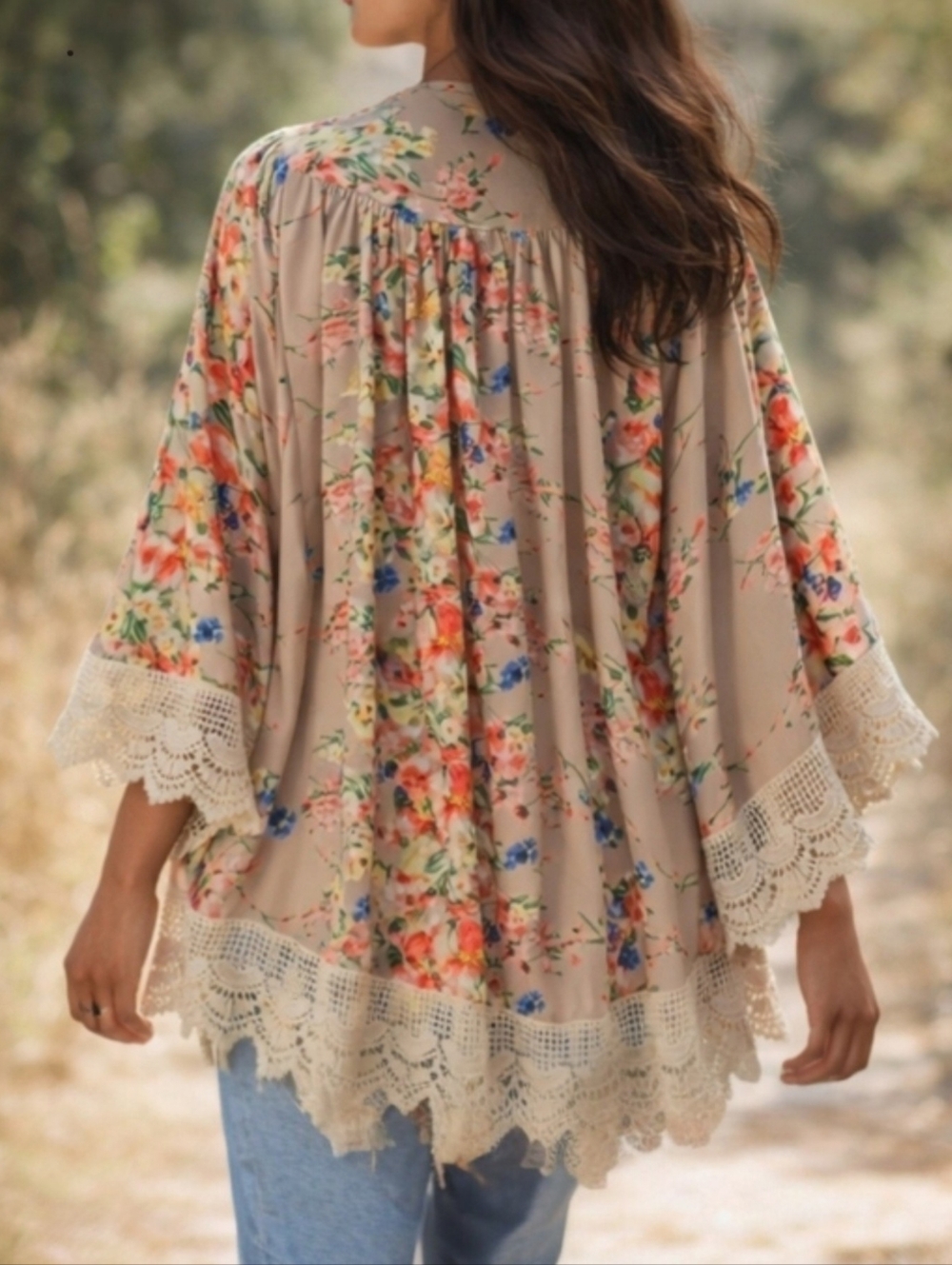 Umgee Floral Print Lace Trim Kimono – M/L - Picture 2 of 7